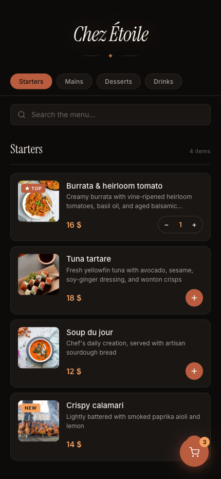 Guest menu on mobile